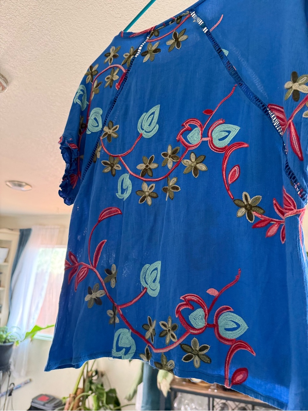 Blue Floral Embroidered Short Sleeve Women's Blouse